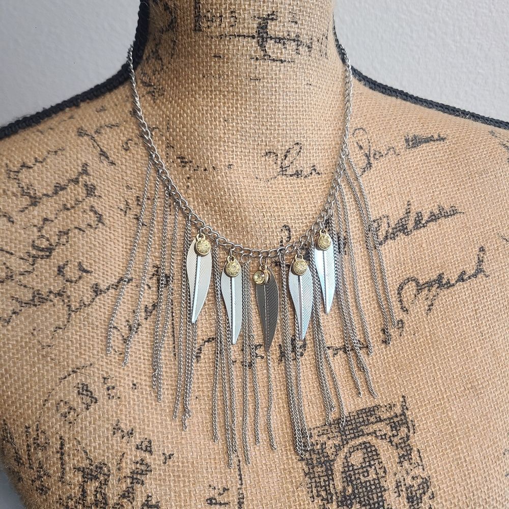 Boho Statement Necklace – Silver Fringe Chain with Gold Accents & Leaf Charms